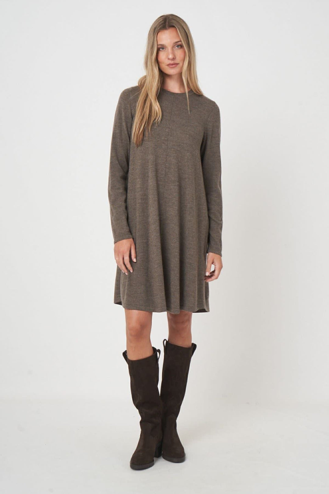 Front view of a flared knit dress Repeat Cashmere for women in beige with textured details - Valérie Simon