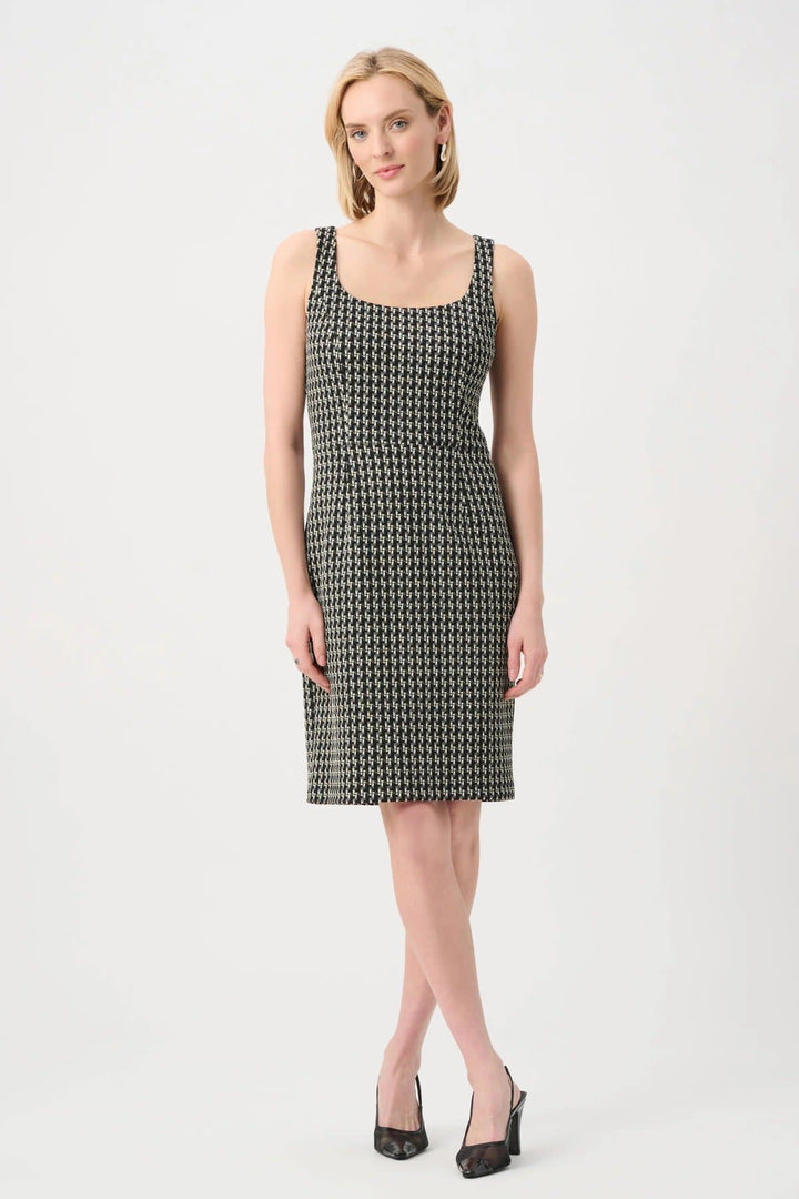 Front view of a black knit sheath dress with textured patterns by Joseph Ribkoff for women - Valérie Simon