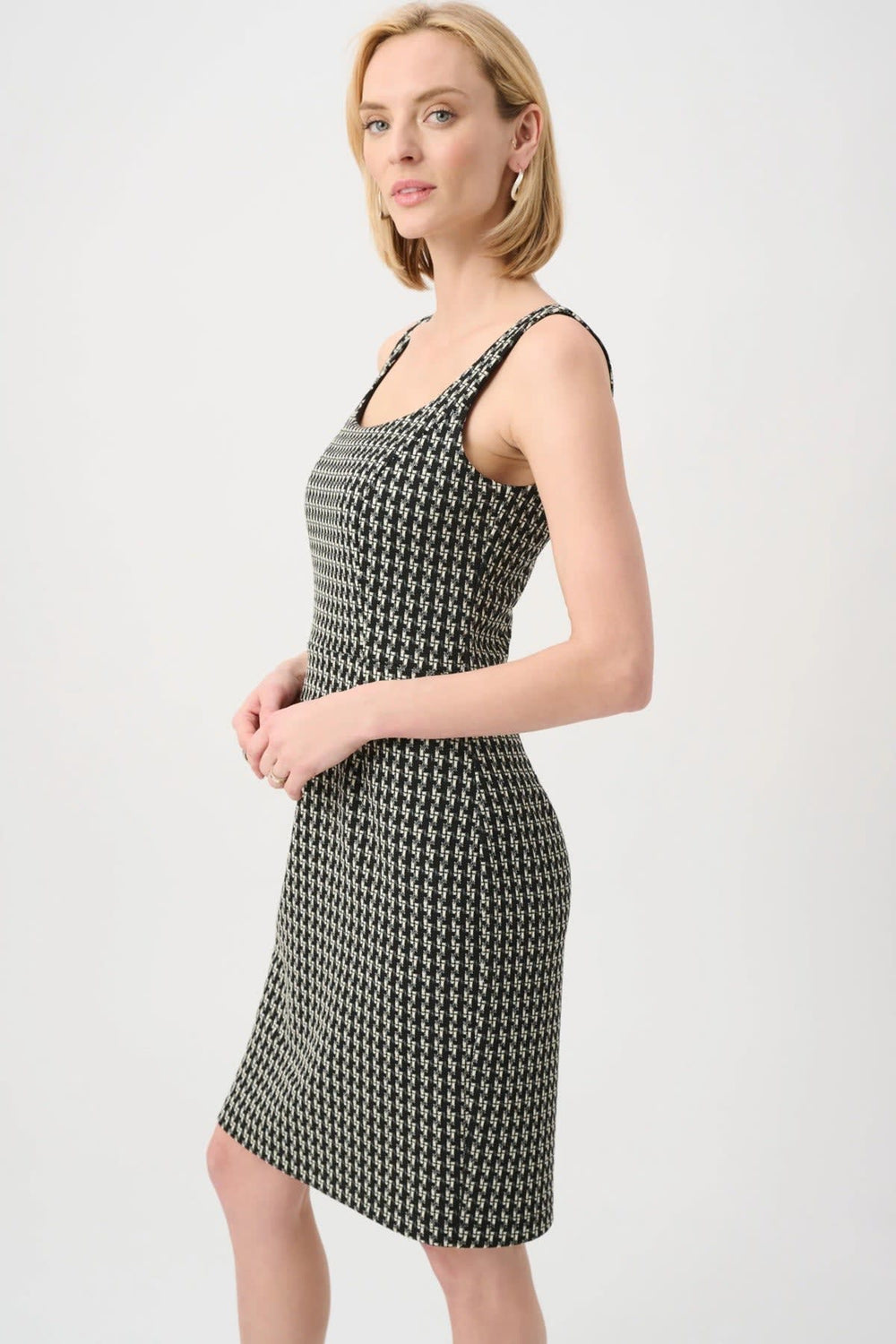 Front view of a black Joseph Ribkoff women's textured knit sheath dress with ribbed details - Valérie Simon
