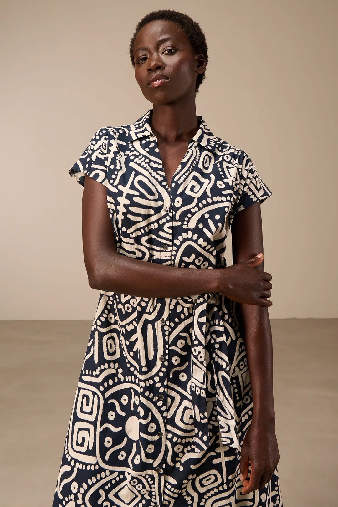 Back view of a long, multicolored printed dress with three-quarter sleeves for women - Valérie Simon