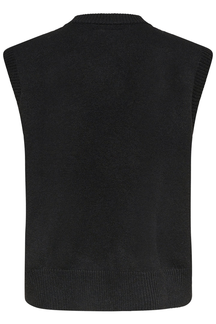 Veste Eroka sans manches en tricot à boutons dorés, chic et polyvalente avec texture côtelée, vue arrière.