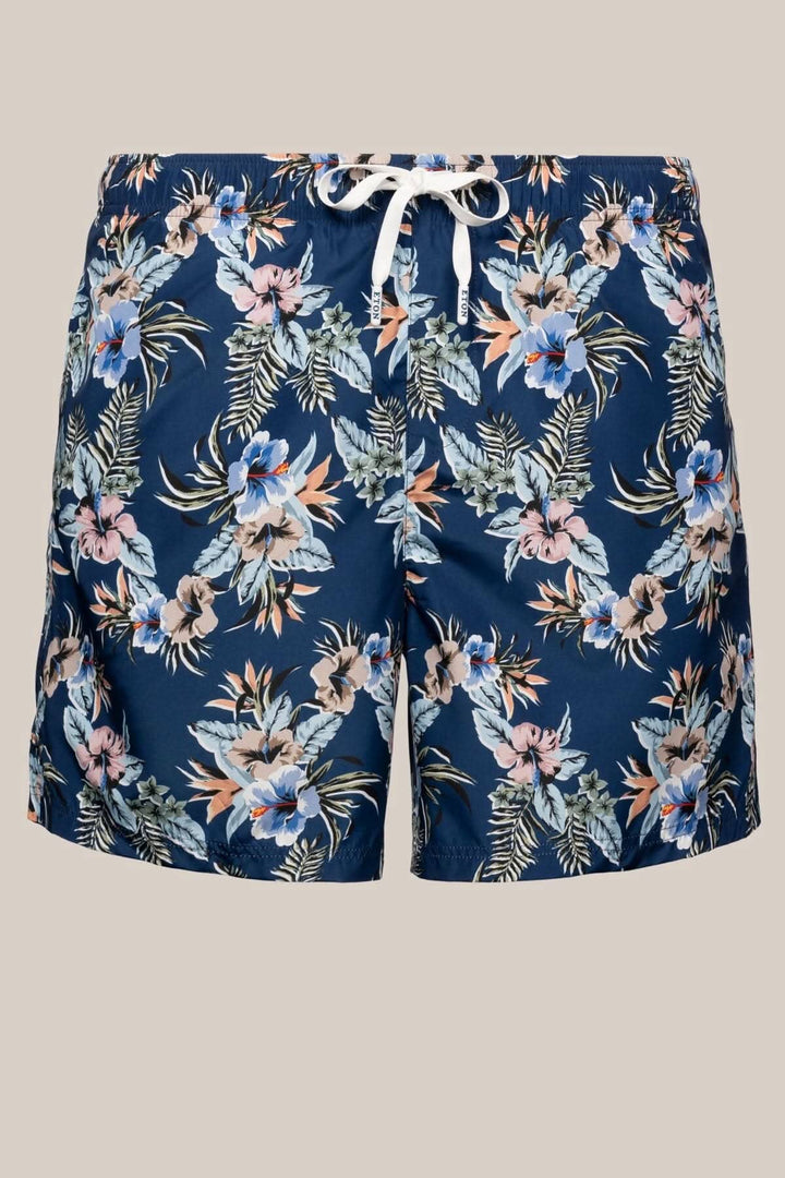 Maillot de bain fleuri avec impression florale, tissu polyester à séchage rapide et cordon de serrage.