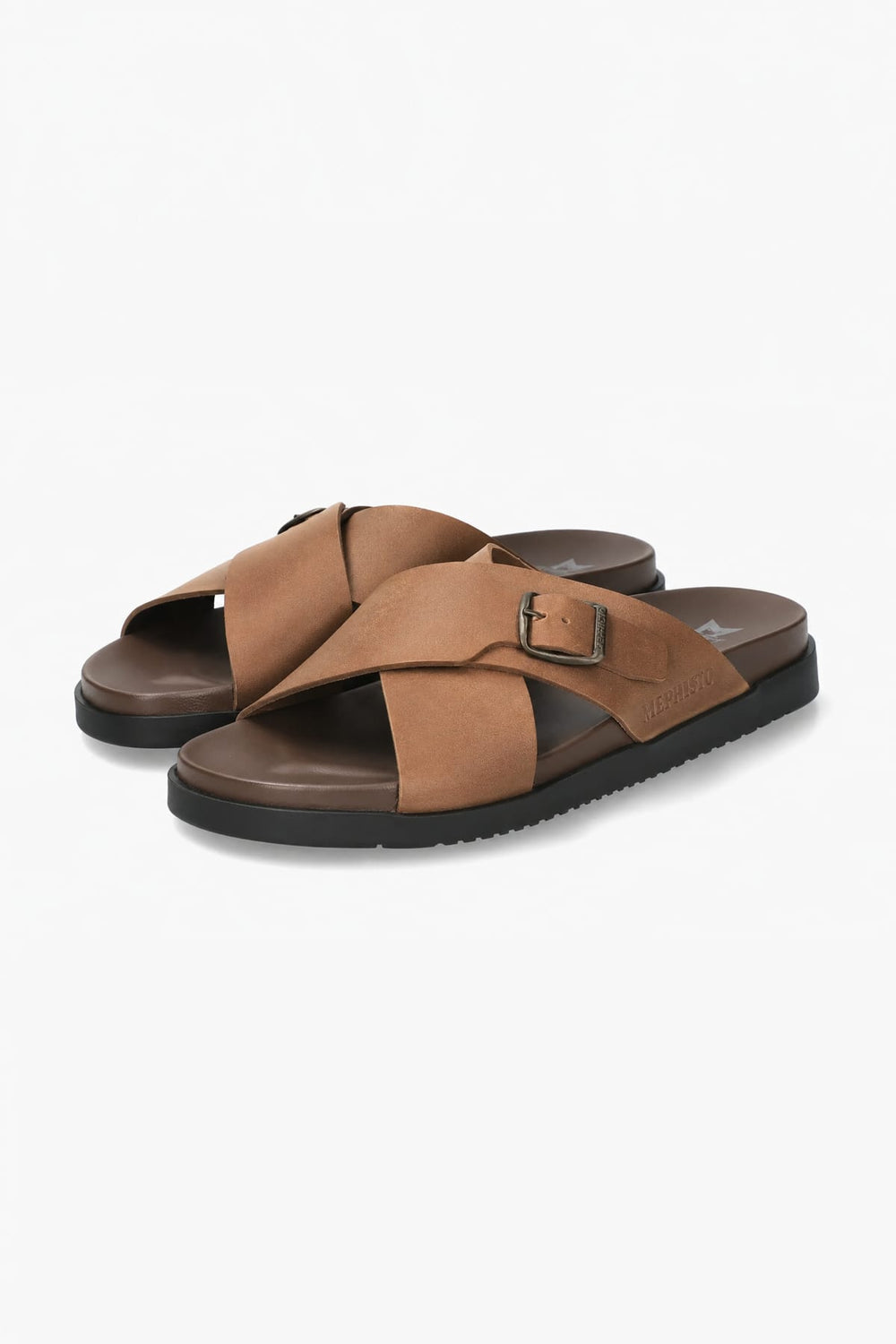 Side view of Mephisto brown leather sandals with adjustable buckle for men - Valérie Simon