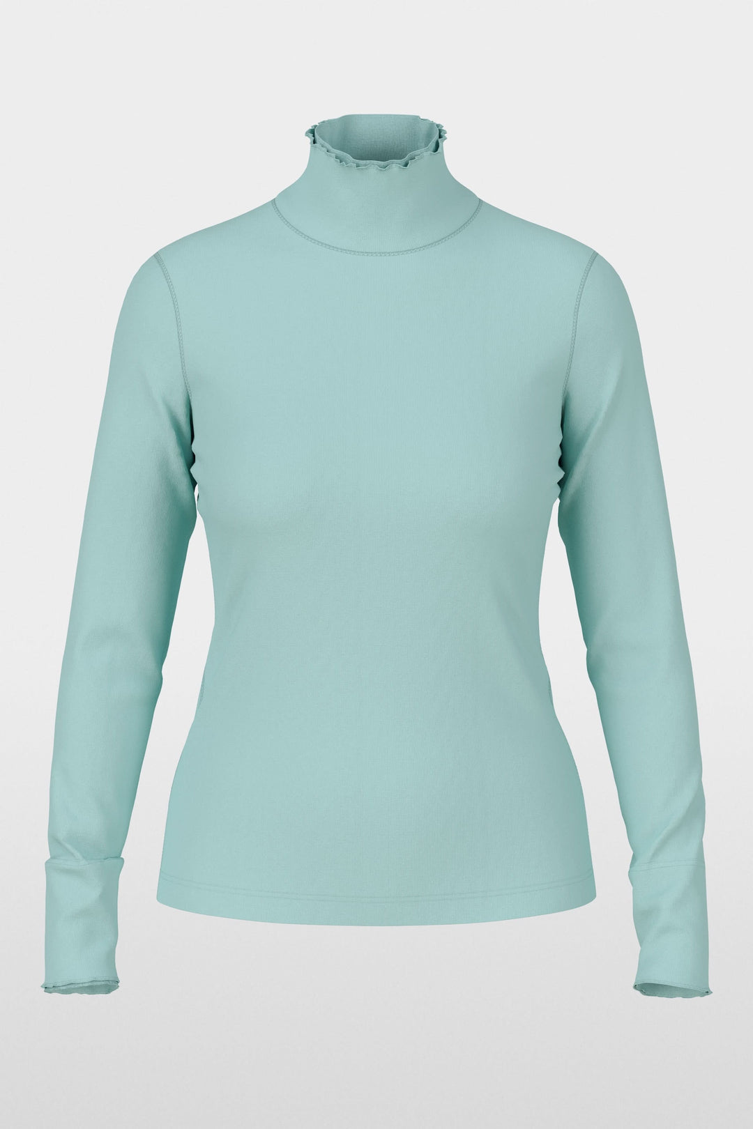 Chandail à col montant et bordures ondulées vert pâle avec coupe ajustée et tissu extensible, idéal pour un look féminin et polyvalent.