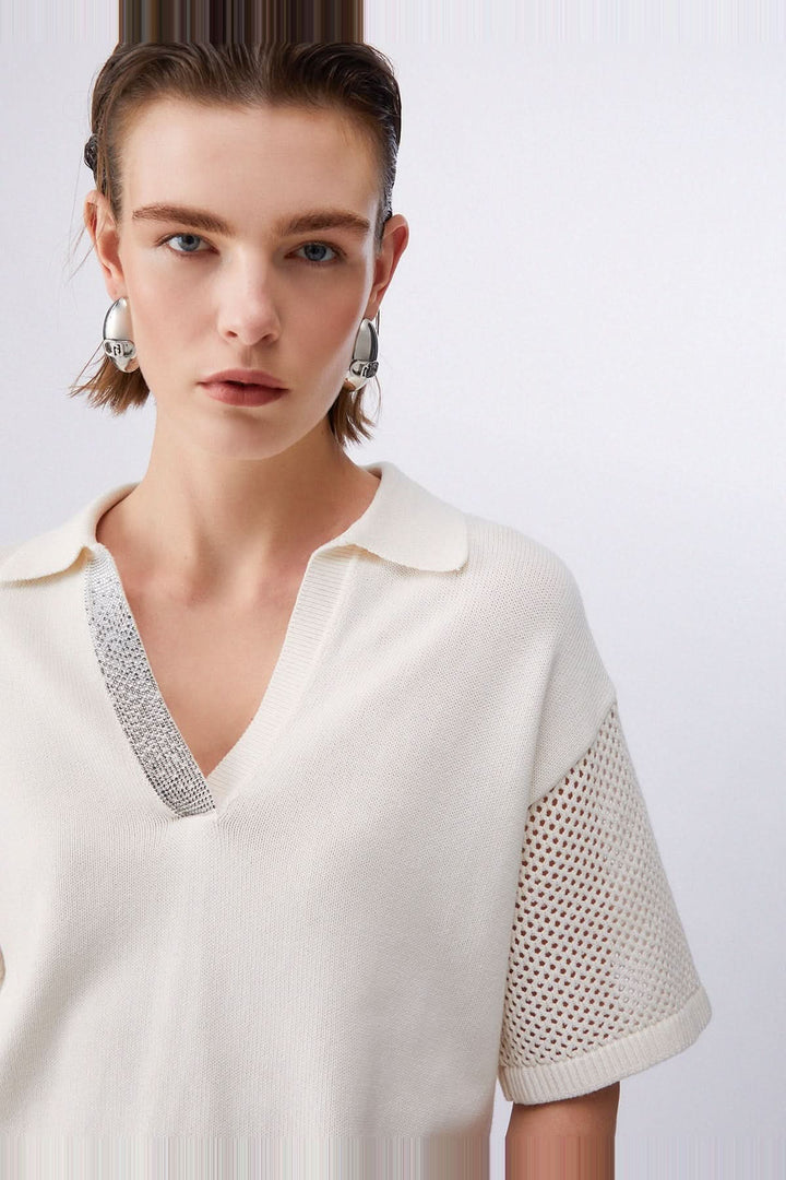 Chandail en maille avec col polo et strass