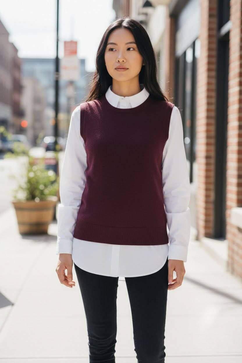 Femme portant un débardeur en tricot bordeaux superposé sur une chemise blanche, affichant l'élégance décontractée en milieu urbain.