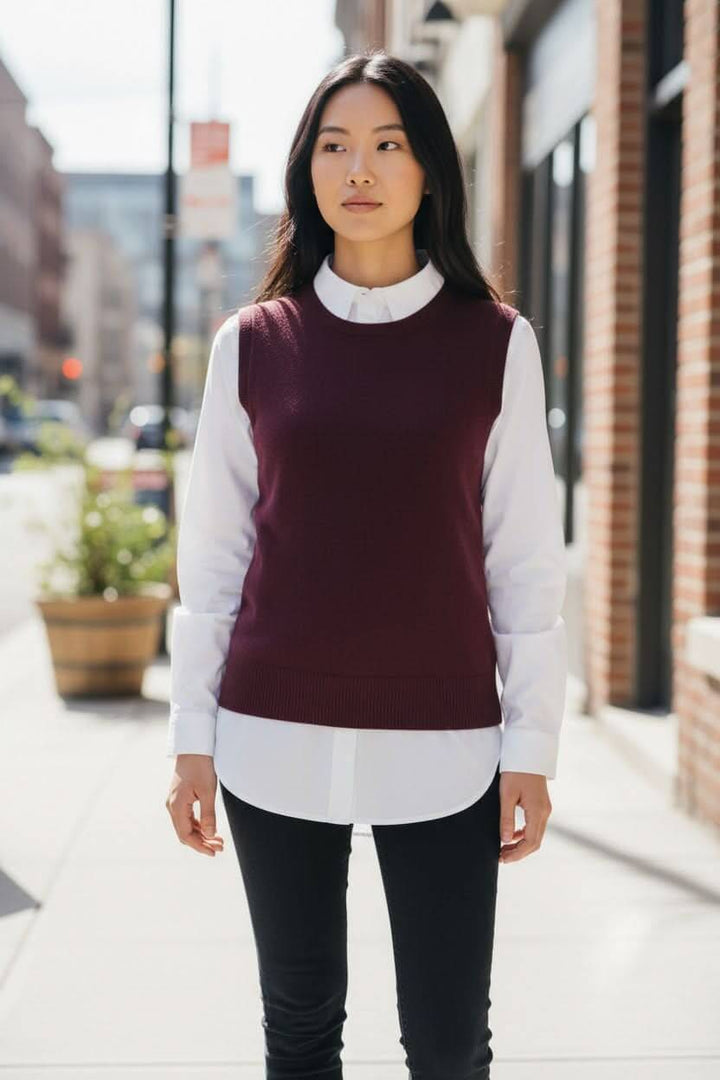 Femme portant un débardeur en tricot bordeaux superposé sur une chemise blanche, affichant l'élégance décontractée en milieu urbain.