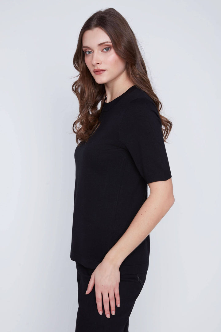 T-shirt classique noir à manches courtes, coupe droite et encolure ronde, modèle élégant et polyvalent.