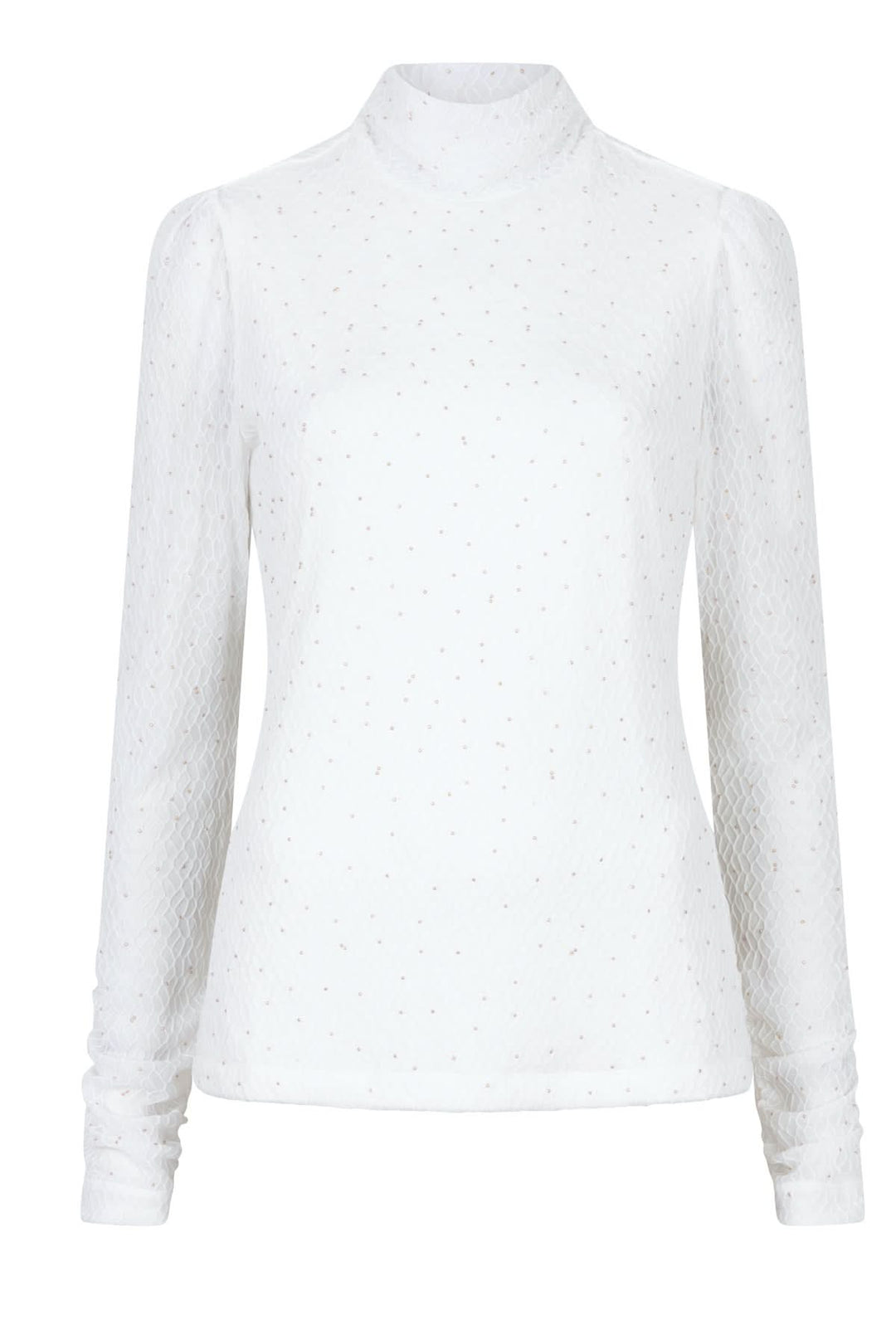 Chandail à col montant semi-transparent avec éclats scintillants, manches longues et maille délicate.