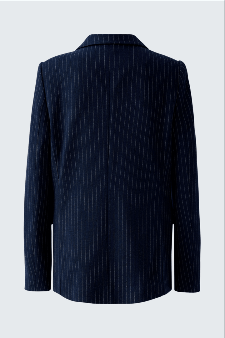 Veston fines rayures en jersey doux avec double boutonnage, vue arrière, élégance moderne.
