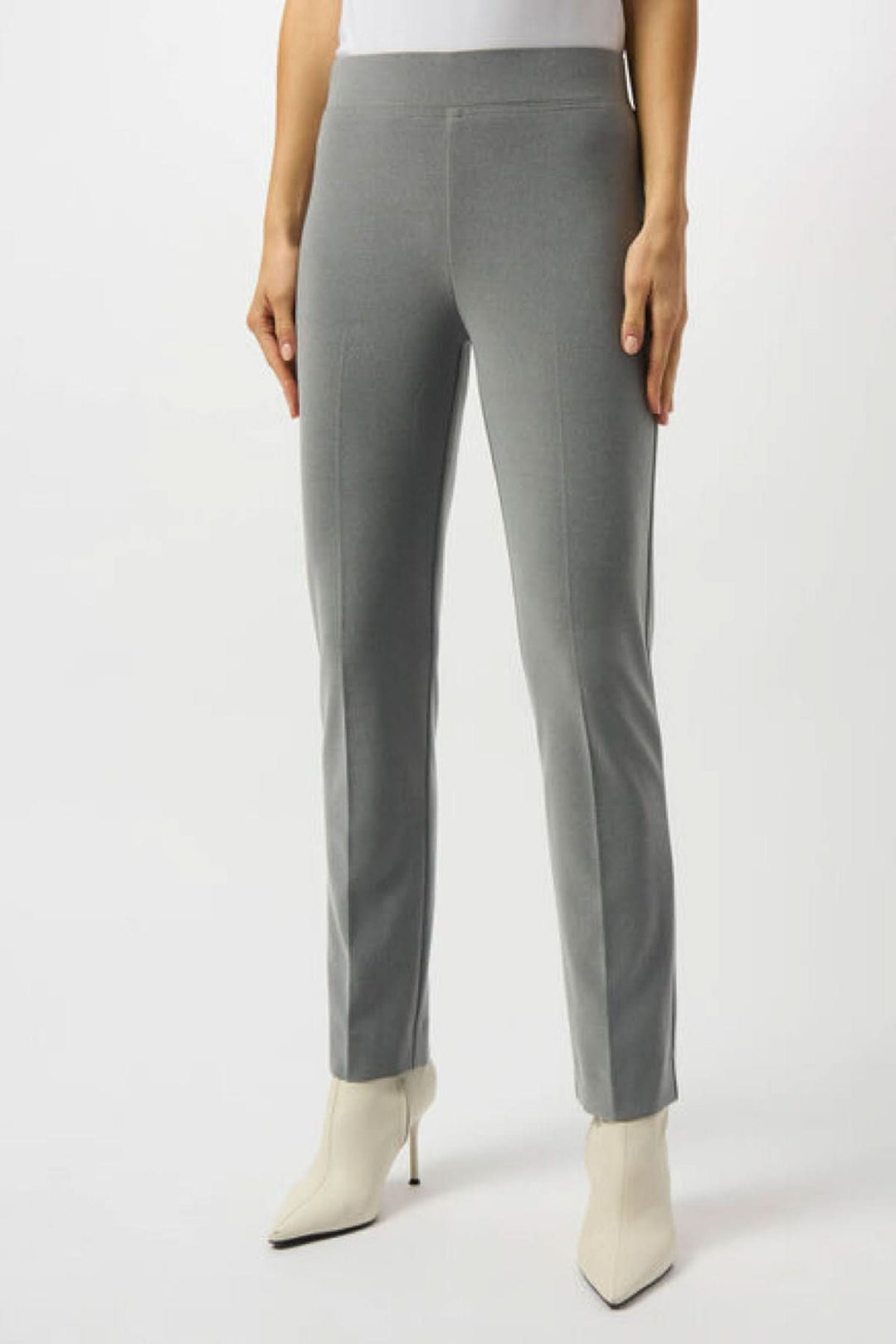 Pantalon droit gris mélangé avec taille élastique, coupe ajustée, style chic décontracté.