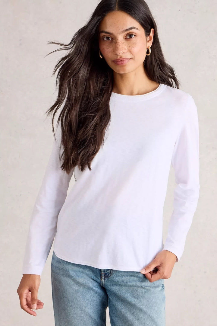 Front view Clara long-sleeve crew-neck grey T-shirt with floral patterns White Stuff for women - Valérie Simon