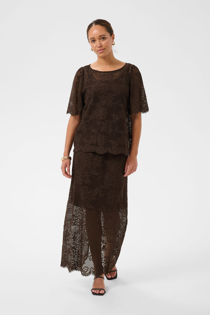 Front view of a white Kaffe floral lace T-shirt for women - Valérie Simon