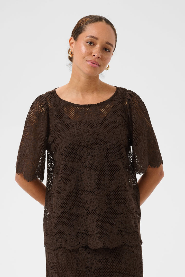 Back view of a white Kaffe floral lace T-shirt for women - Valérie Simon