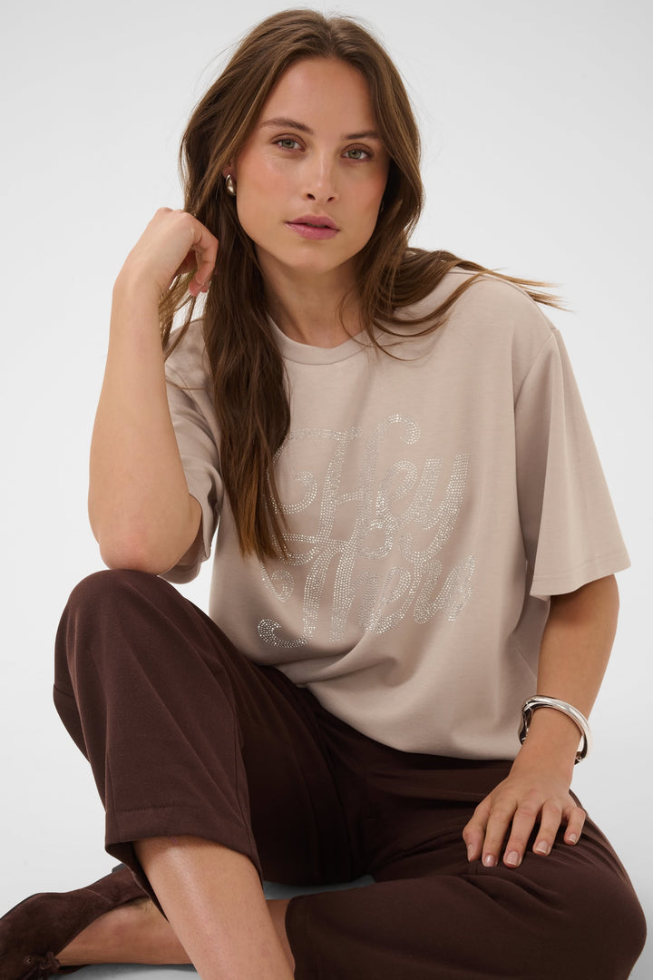 Front view of the Harmony T-shirt with beaded lettering for women, white, by Kaffe - Valérie Simon