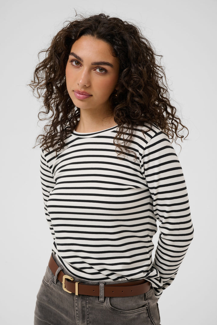 Vue de face T-shirt rayé manches longues Kaffe femme noir et blanc - Valérie Simon