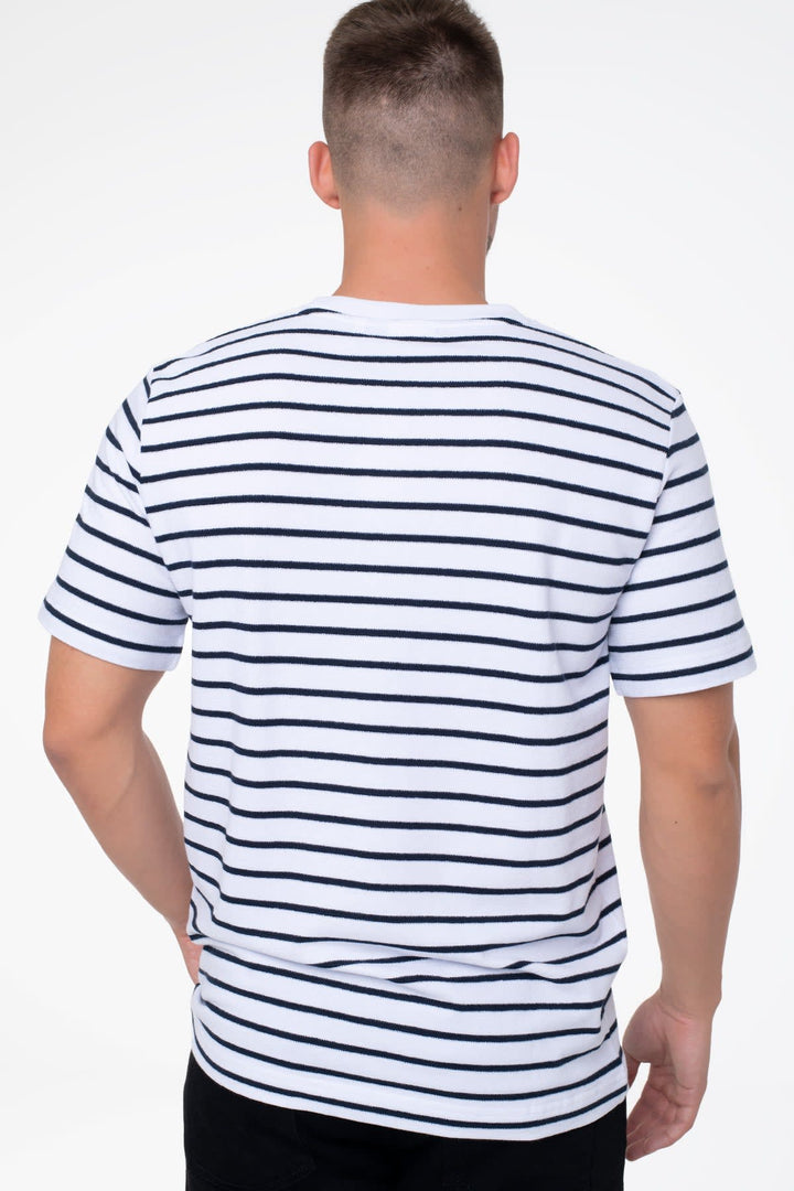 Front view of the Tom Tailor Essential Blue and White Striped T-shirt for men - Valérie Simon