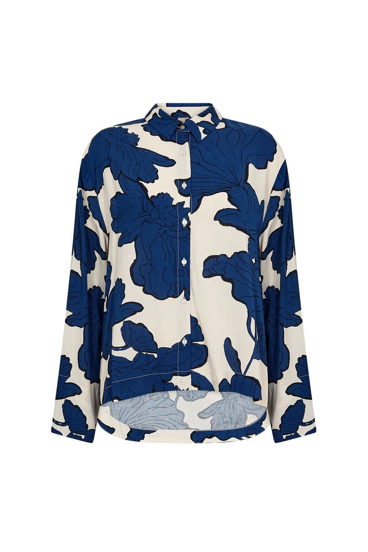 Chemise imprimée florale oversize bleu, à coupe fluide et épaules tombantes, style chic contemporain.