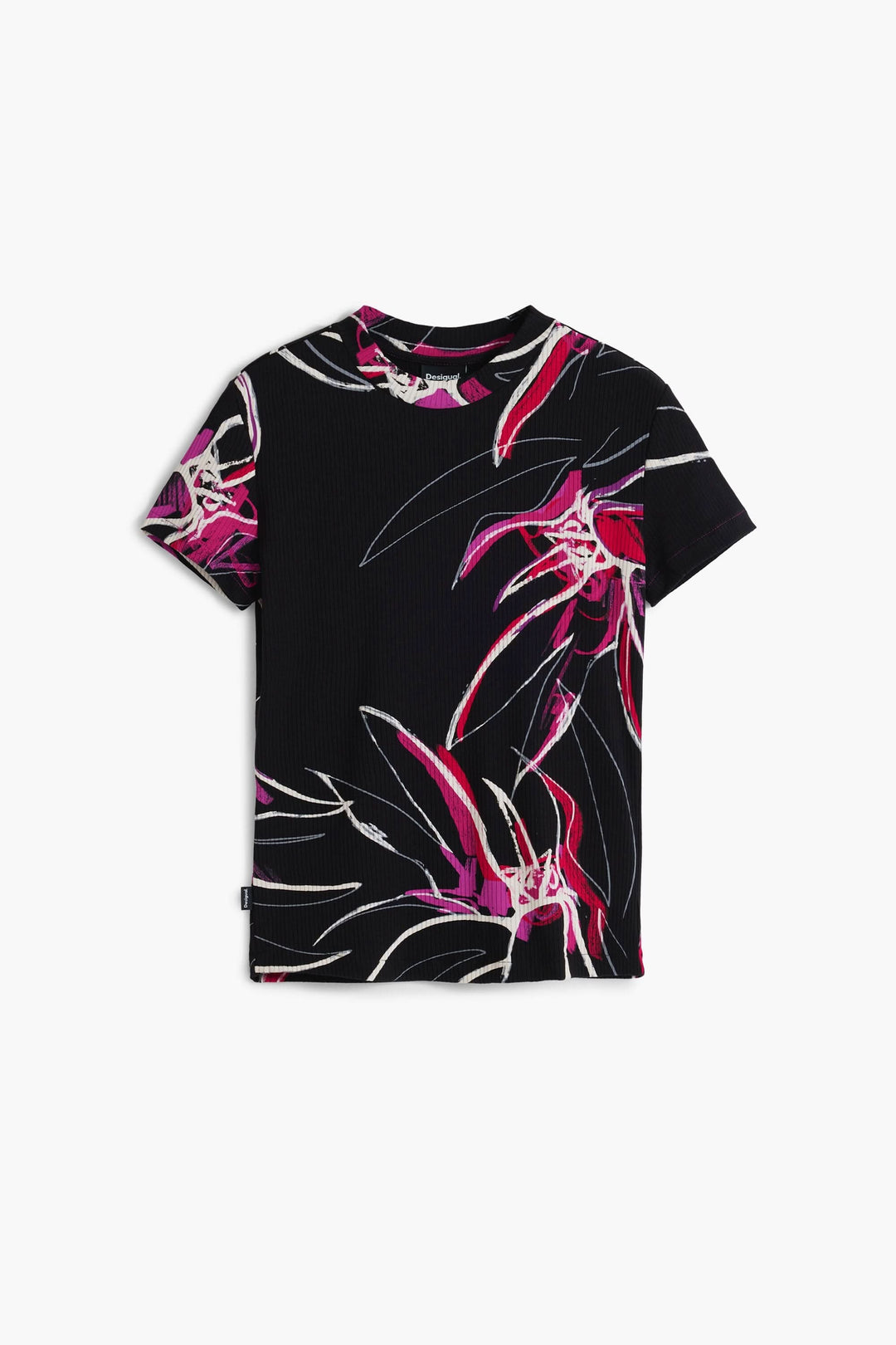 T-shirt floral noir à manches courtes, motif graphique coloré pour un style moderne et tendance.