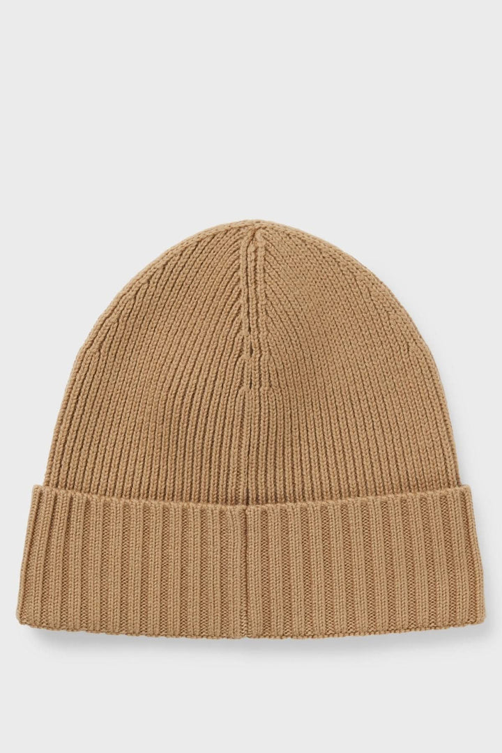 Tuque en laine vierge à maille épaisse BOSS, couleur beige, idéale pour chaleur et style en hiver avec logo discret.