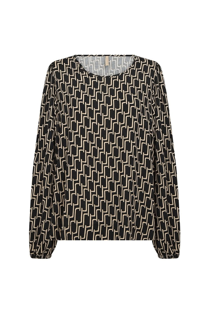 Blouse à motif géométrique avec encolure ronde et manches longues bouffantes, imprimé graphique sur fond noir.