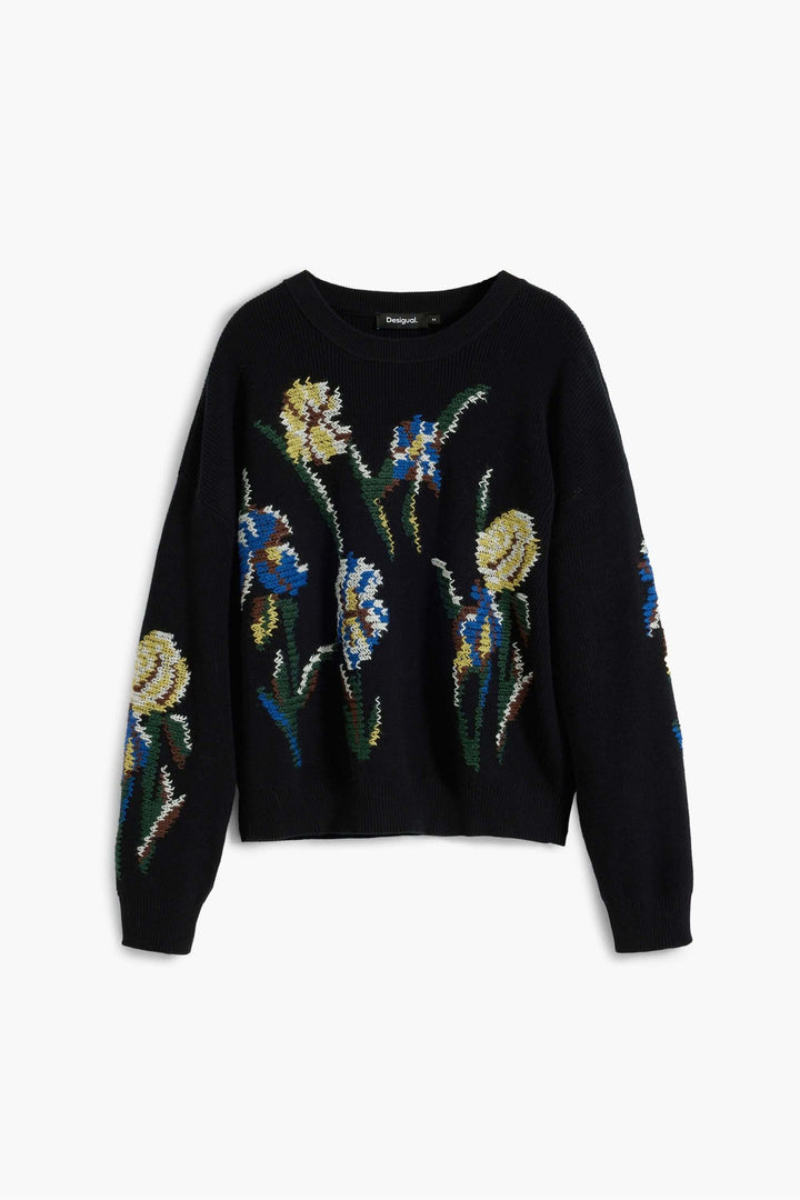 Chandail à fleurs brodées, design artistique, coupe ample, encolure ronde, maille texturée, motifs floraux colorés. Élégance décontractée.