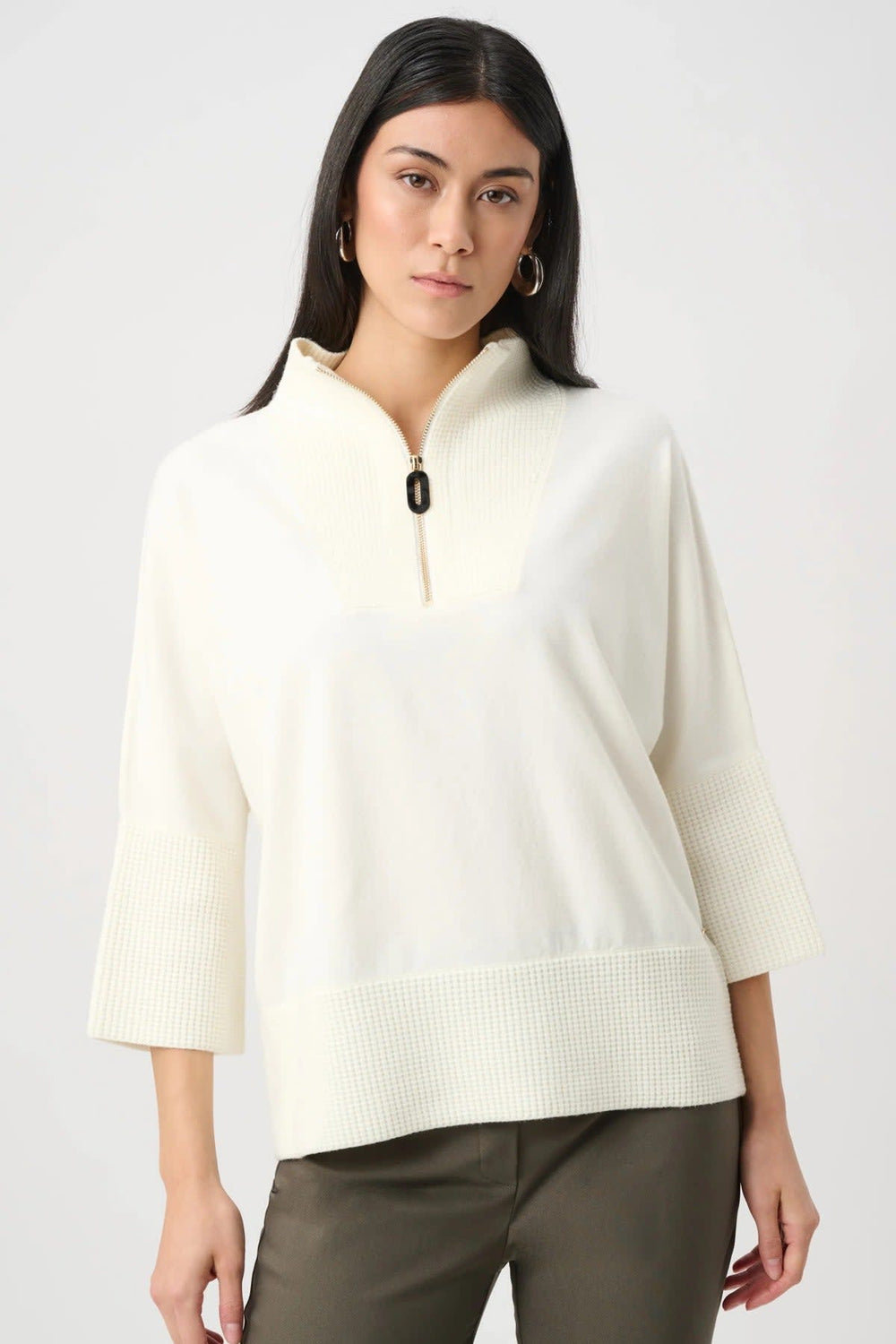 Front view of a textured knit top for women by Joseph Ribkoff in blue with a V-neck - Valérie Simon