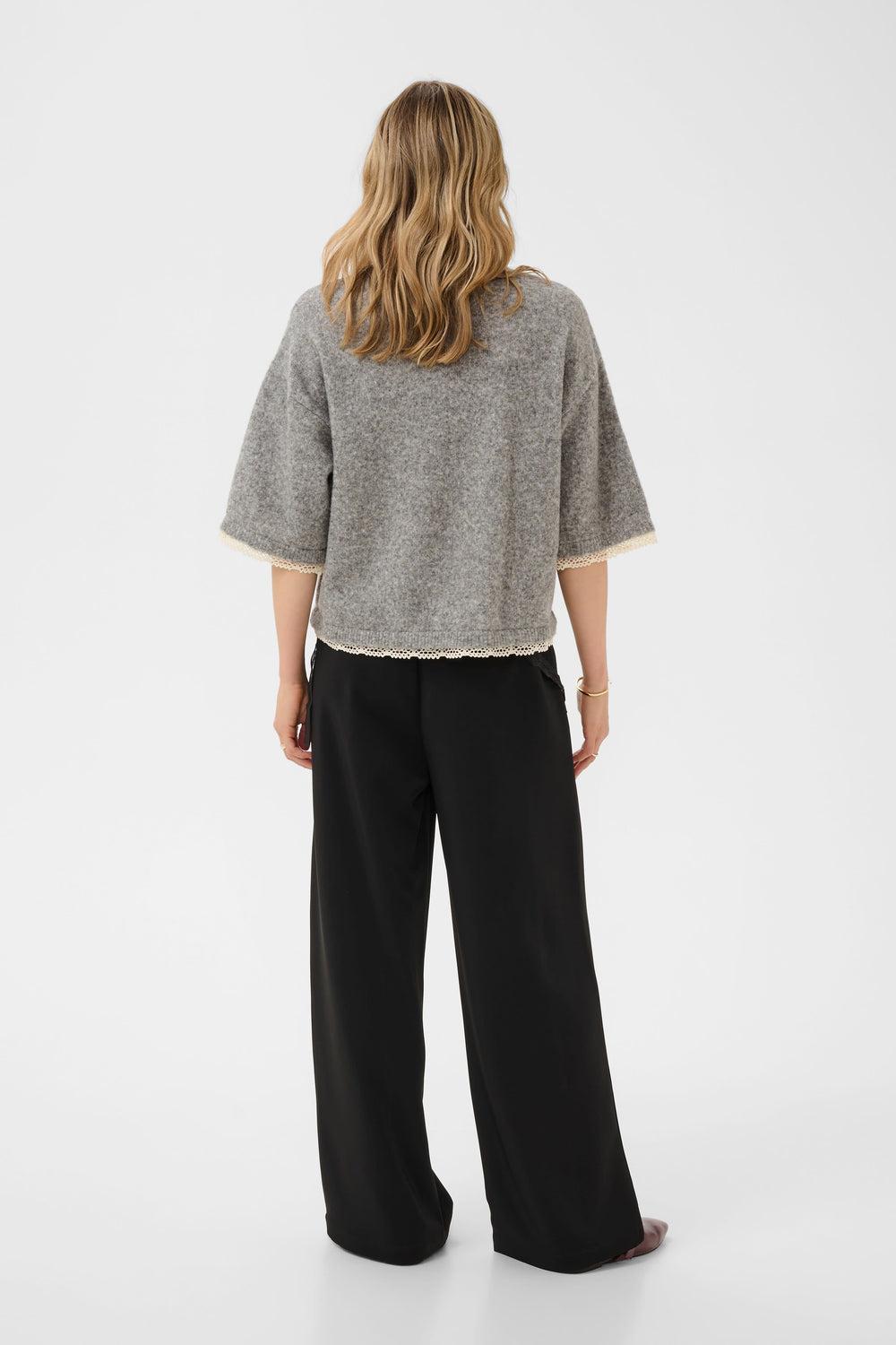 Front view of women's white lace knit top Cream - Valérie Simon