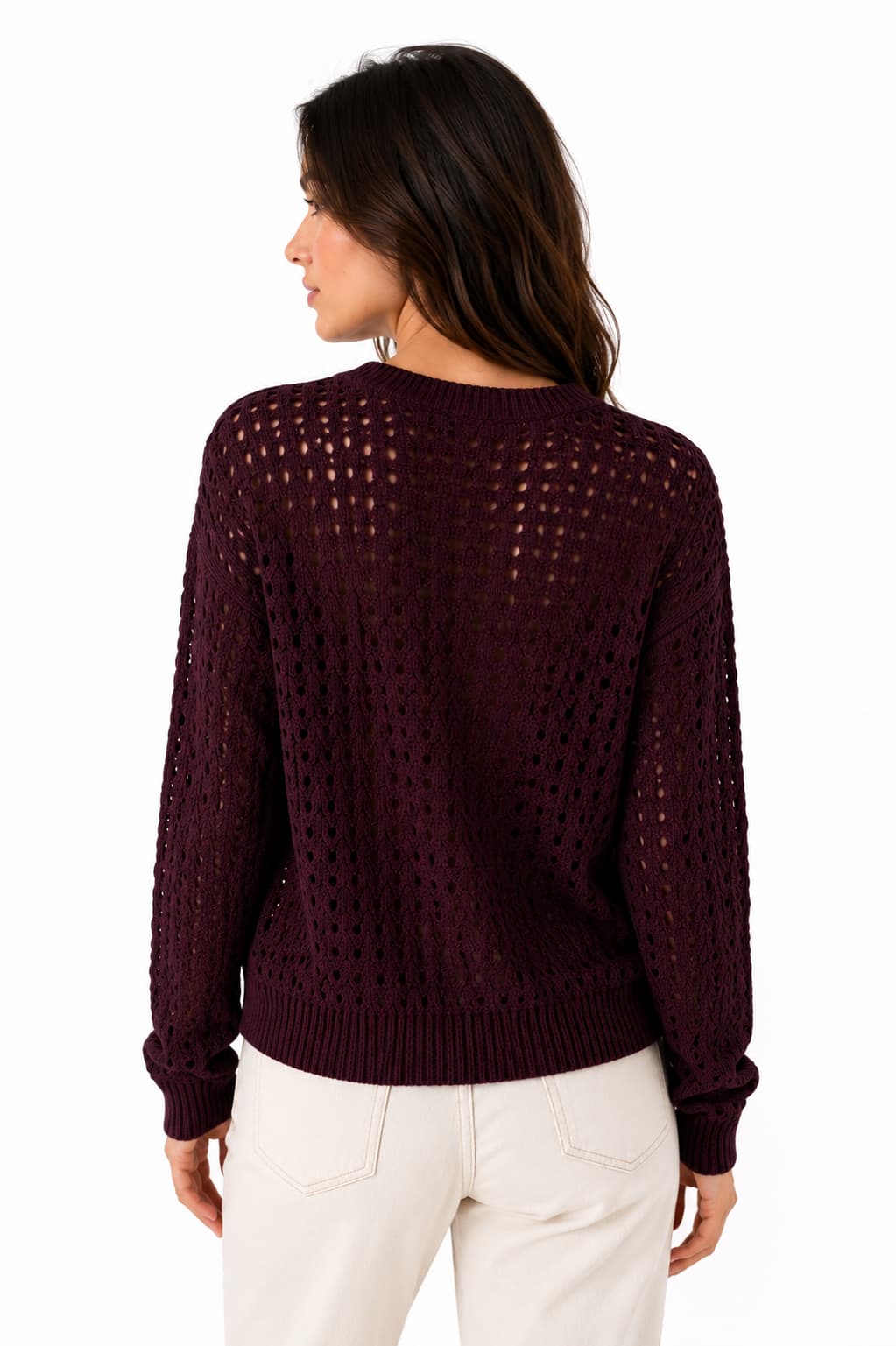 Detailed Overview of the Brax Openwork Knit Top for Women in White with Long Sleeves - Valérie Simon