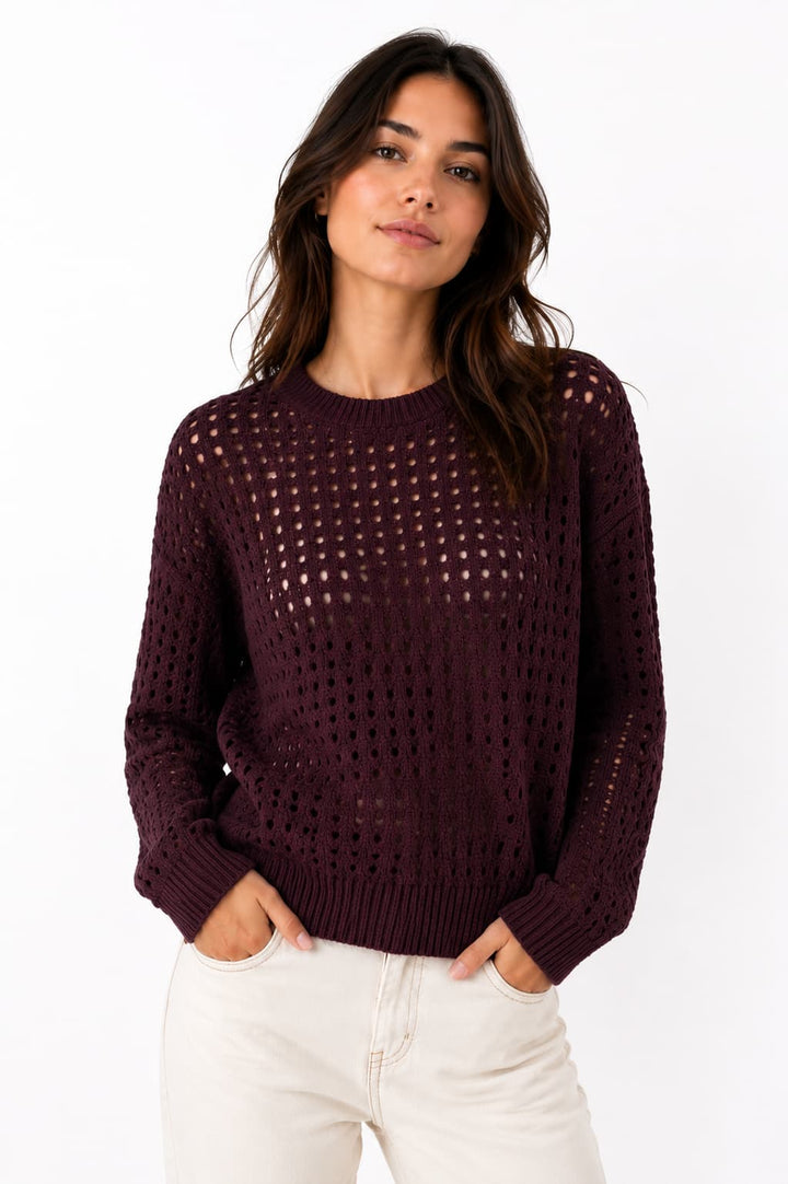 Front view of the Brax openwork knit sweater for women in black with long sleeves - Valérie Simon
