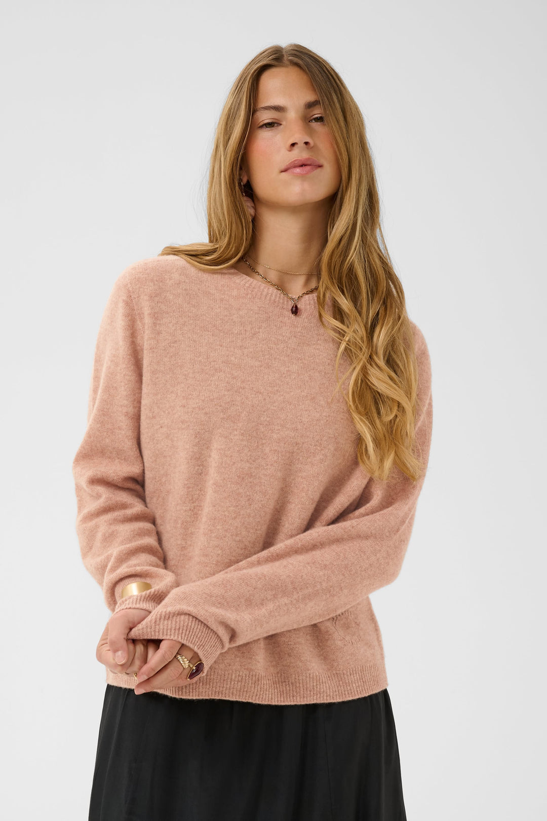 Front view of the Mela round-neck knit Cream for women, beige - Valérie Simon