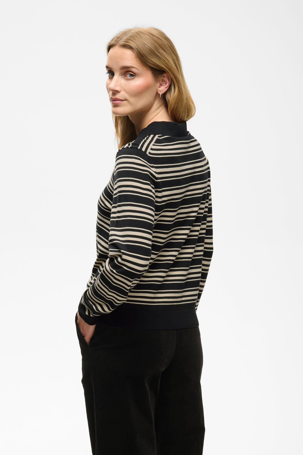 Front view of the women's Channan striped polo knit with polo collar Part Two
