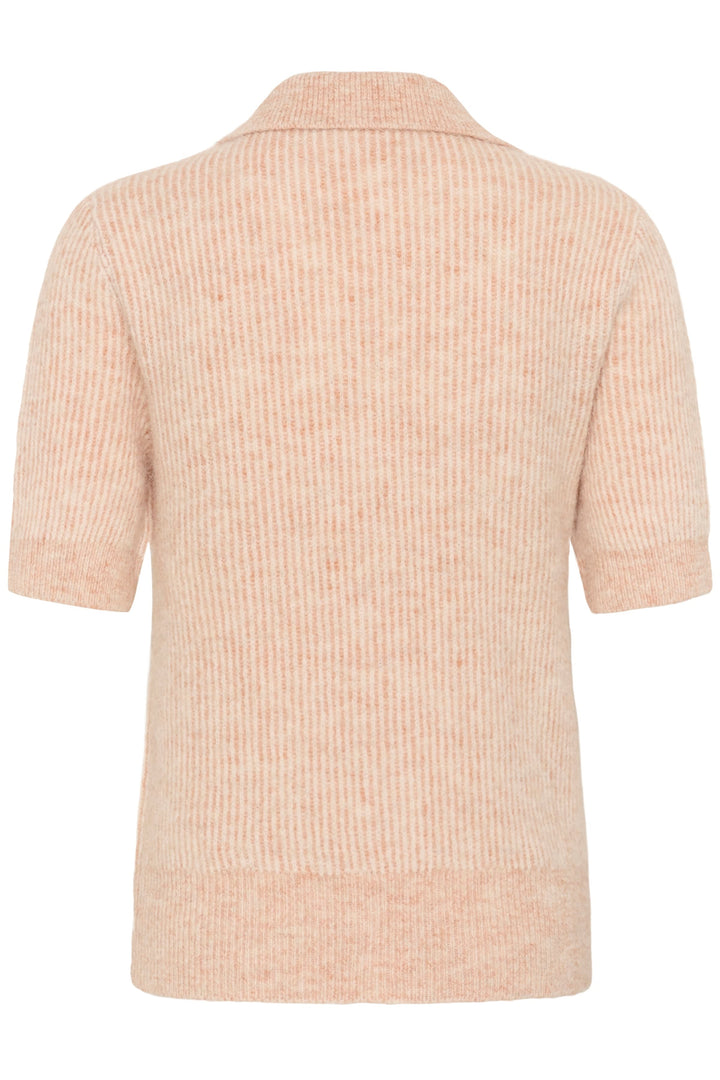 Front view of a button-up knit sweater Cream for women, brown with a round neckline - Valérie Simon