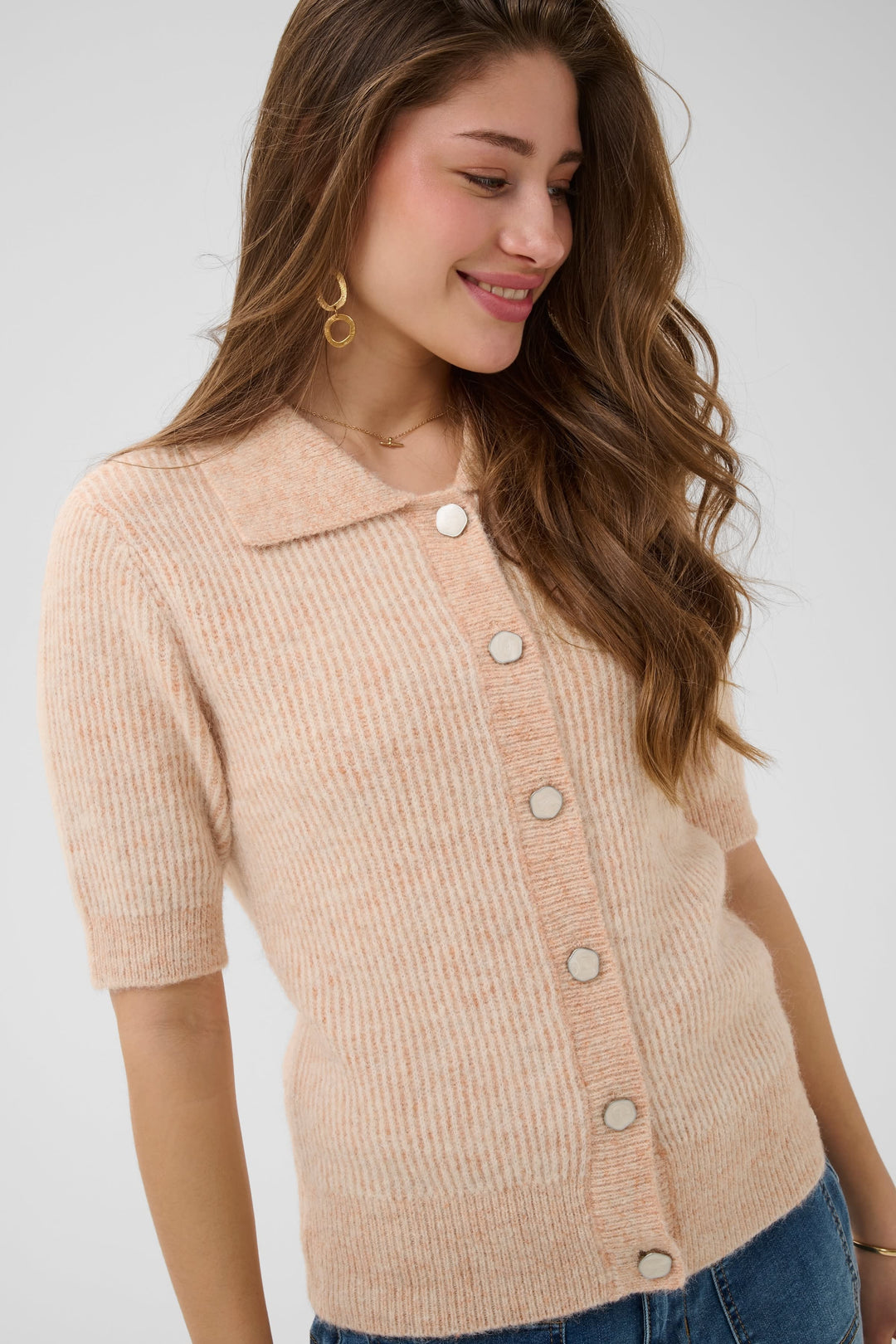 Front view of Sienna short-sleeved button-up knit Cream orange - Valérie Simon