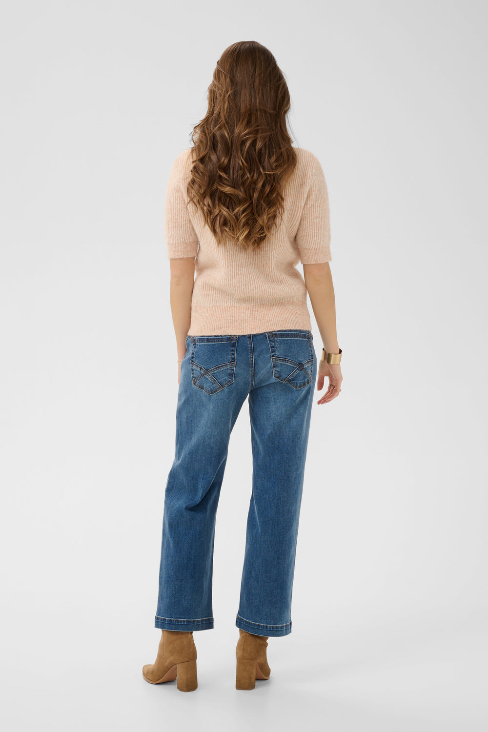Front view of a short-sleeved button-up knit top Cream for women, brown - Valérie Simon