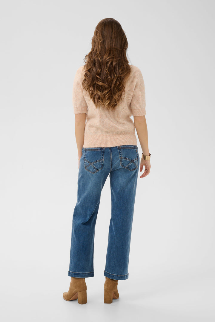 Front view of a short-sleeved button-up knit top Cream for women, brown - Valérie Simon