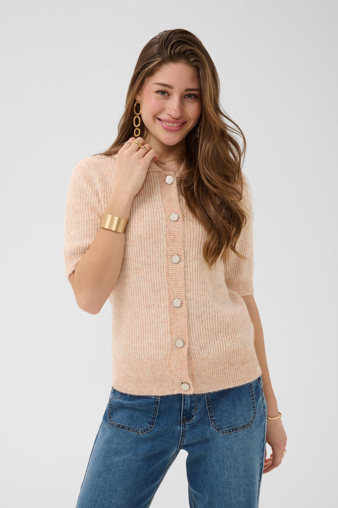 Front view of a button-up knit top Cream for women, beige, short sleeves - Valérie Simon