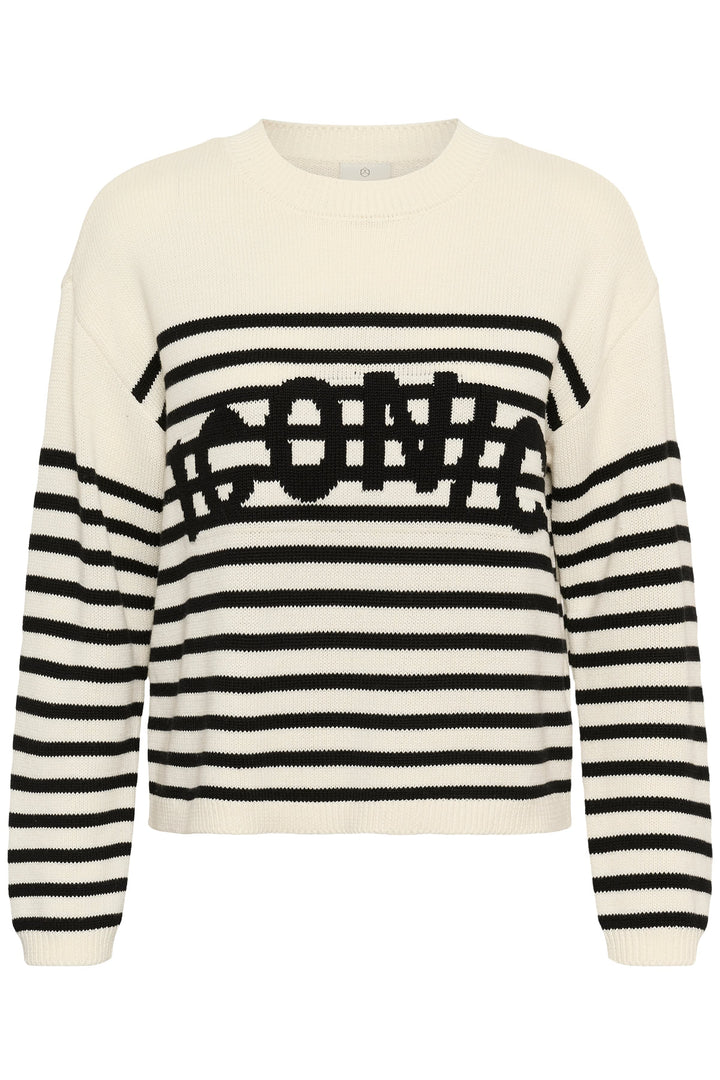 Front view of a striped knit top with "Kaffe" lettering for women, multicolored - Valérie Simon