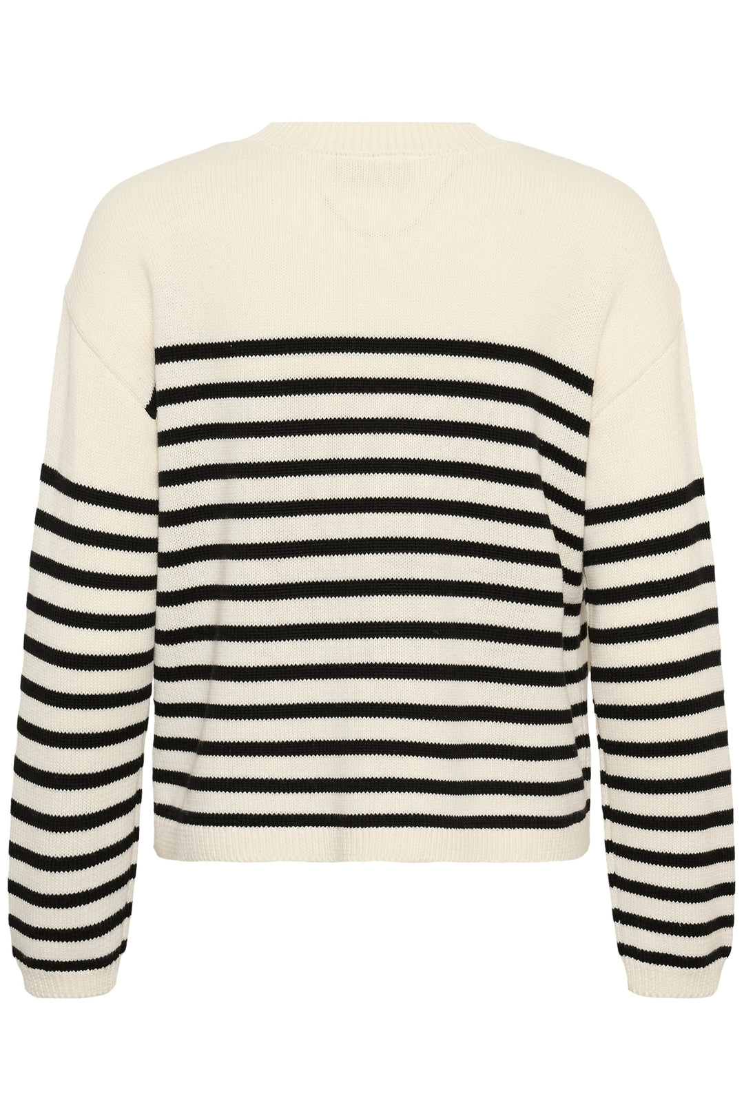 Front view of a striped knit sweater with "Kaffe" lettering for women, white and black - Valérie Simon