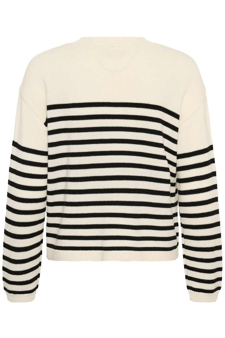 Front view of a striped knit sweater with "Kaffe" lettering for women, white and black - Valérie Simon
