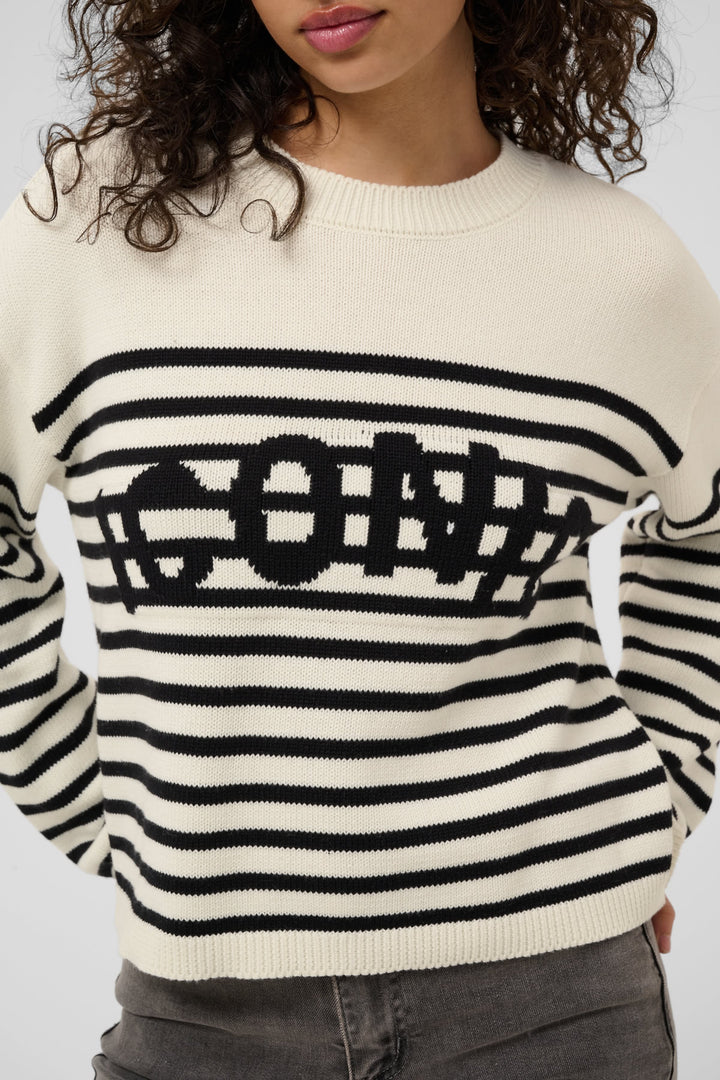 Front view of a striped knit sweater with "Kaffe" lettering for women, gray - Valérie Simon