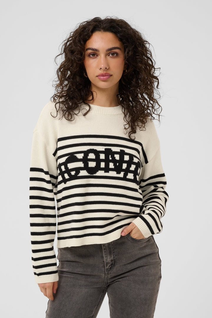Front view of a blue-and-white striped women&