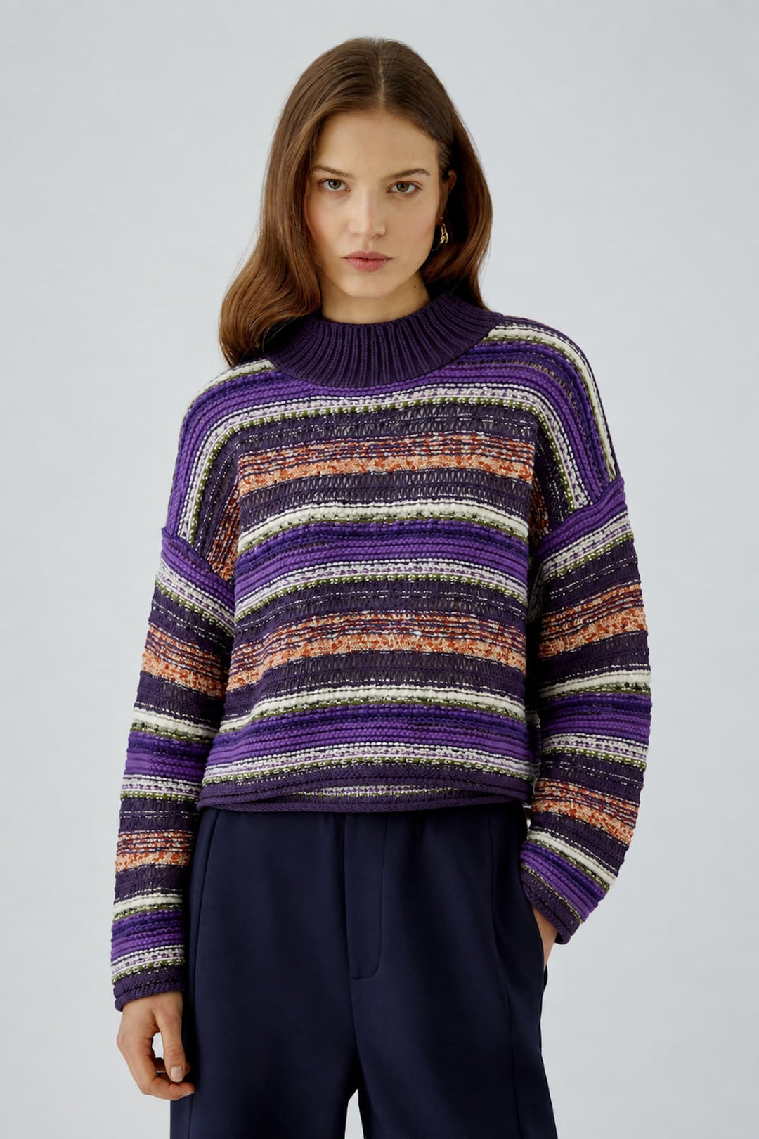 Textured knit with multicoloured stripes, front view, for women Oui