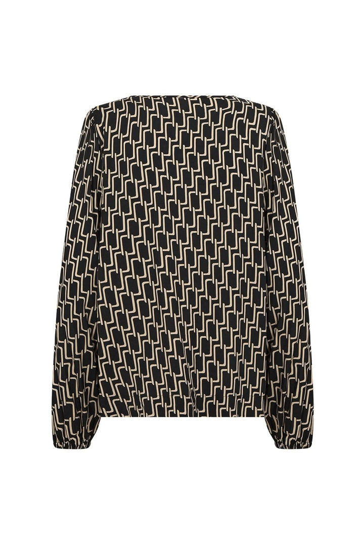 Blouse à motif graphique géométrique avec manches longues et silhouette fluide, couleur noire et beige.