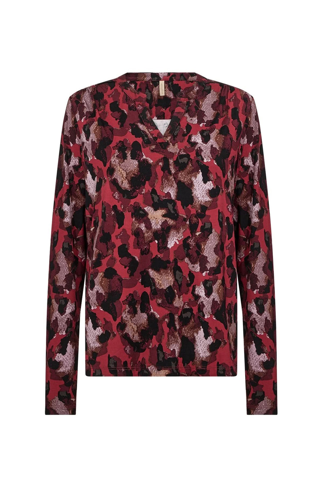 Blouse imprimée avec motif abstrait en rouge et noir, encolure V, manches longues, style féminin.