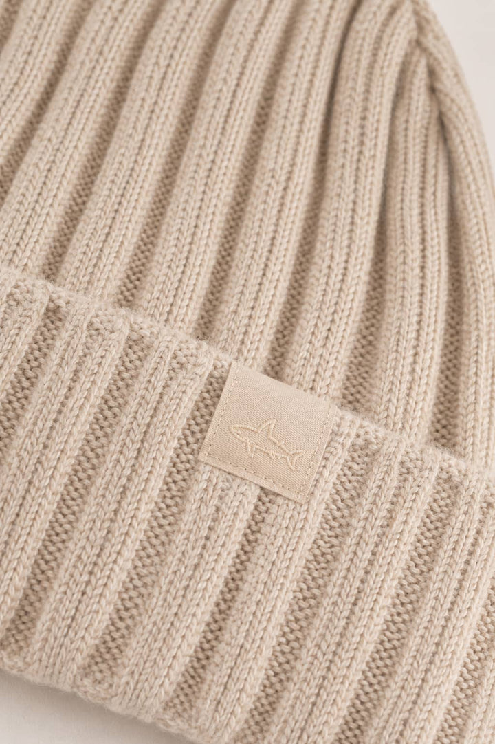 Detailed view of the Paul and Shark blue ribbed beanie for men with logo on the front - Valérie Simon