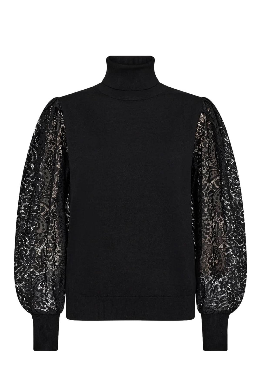 Chandail à col montant noir avec manches en dentelle transparente, chic et féminin.