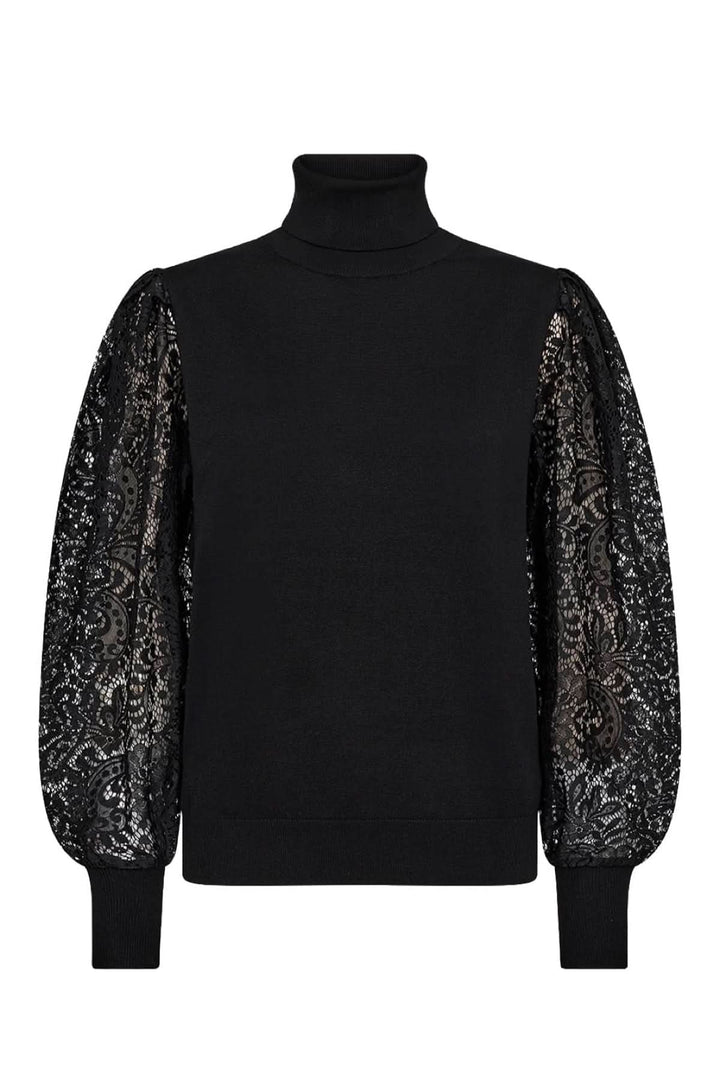Chandail à col montant noir avec manches en dentelle transparente, chic et féminin.