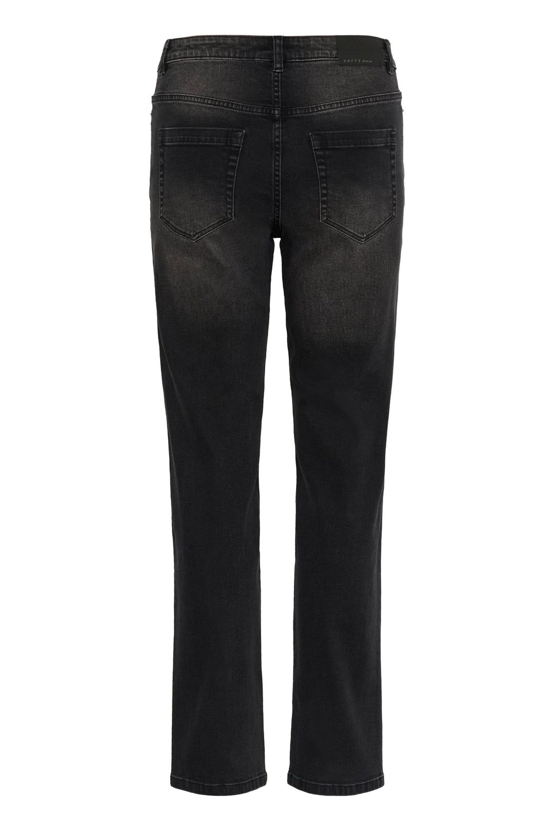 Vue arrière du Jean Maris coupe droite taille classique avec une finition délavée noire, taille classique avec passants de ceinture.