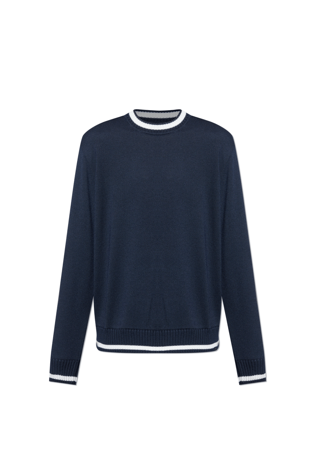 Chandail col rond en marine avec bandes contrastantes au col et aux poignets, style décontracté et moderne.